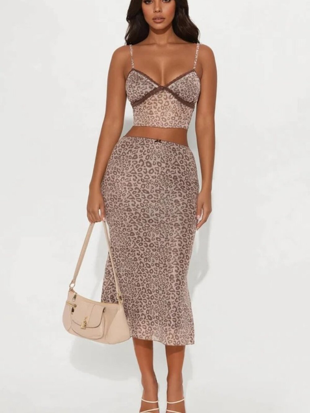NWT Fashion Nova Brown Leopard Mesh Cami Crop Top And Midi Skirt Co Ord Set